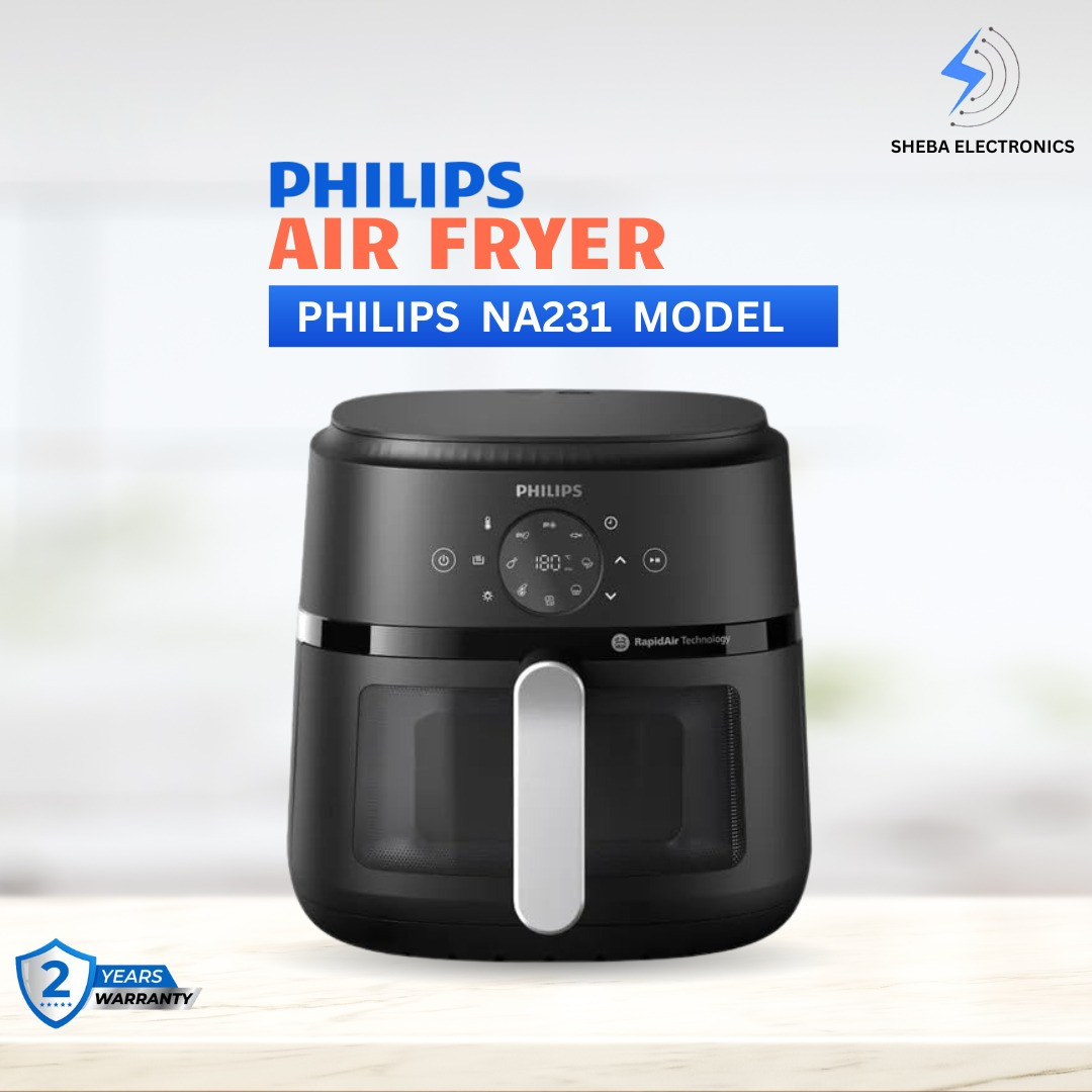 PHILIPS Air Fryer NA231/00 with touch panel, uses up to 90% less fat, 1700W, 6.2 Liter XL Size , with Rapid Air Technology (Black),Cooking window.