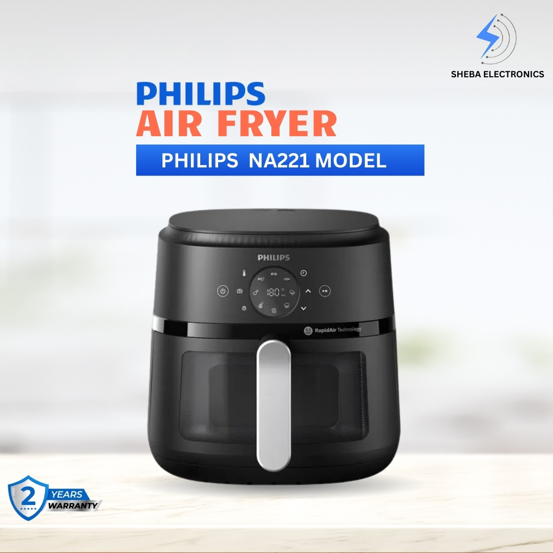 PHILIPS Air Fryer NA221/00 with touch panel, 1700W, 4.2 Liter, with Rapid Air Technology (Black),Cooking window, Extra Large.