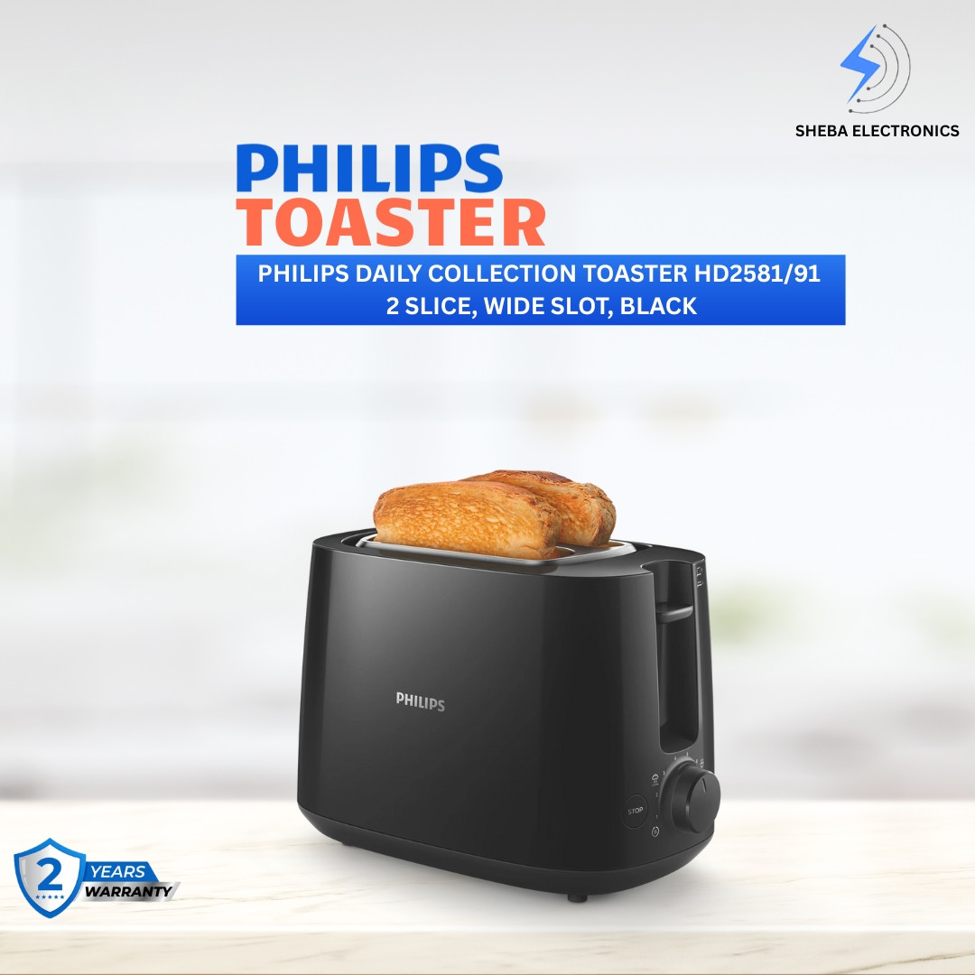 Philips Daily Collection Toaster HD2581/91 – 2 Slice, Wide Slot, Black