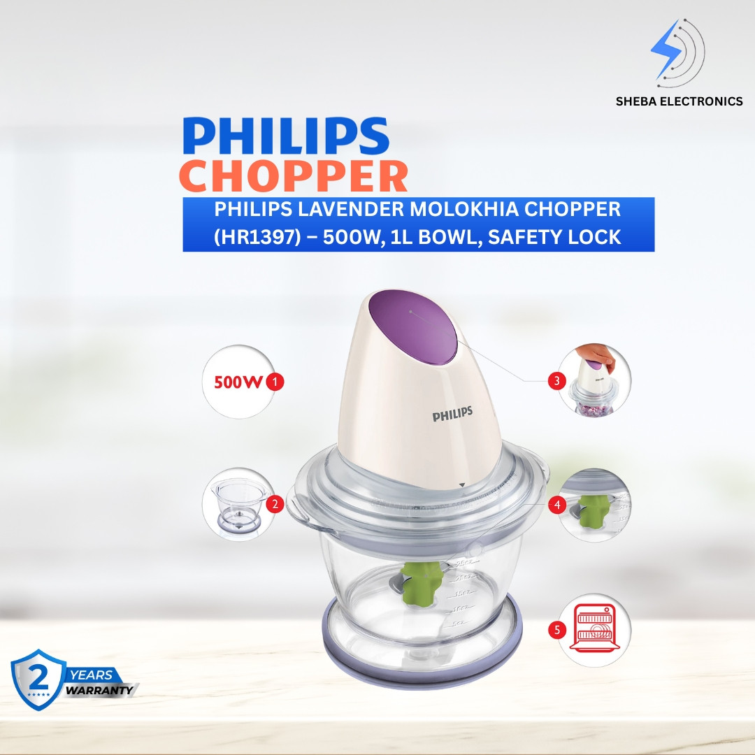 Philips Chopper HR1397 Lavender Molokhia – 500W, 1L Bowl, Safety Lock