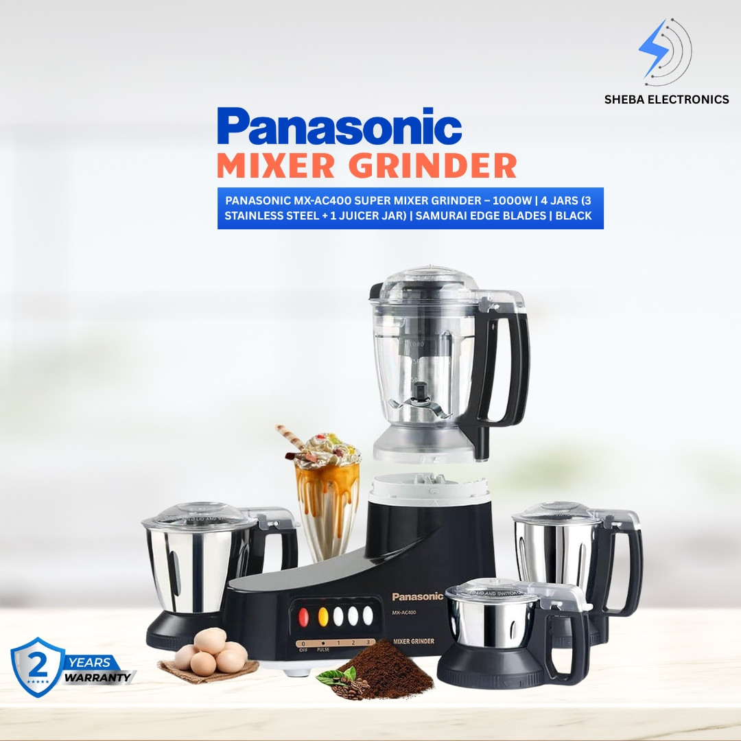 Panasonic MX-AC400 Super Mixer Grinder – 1000W | 4 Jars (3 Stainless Steel + 1 Juicer Jar) | Samurai Edge Blades | Black