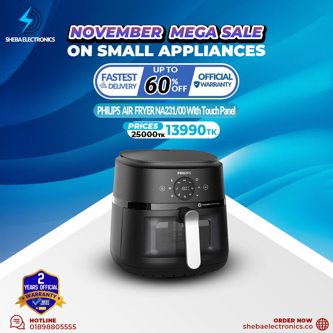 PHILIPS Air Fryer NA231/00 with touch panel, uses up to 90% less fat, 1700W, 6.2 Liter XL Size , with Rapid Air Technology (Black),Cooking window.