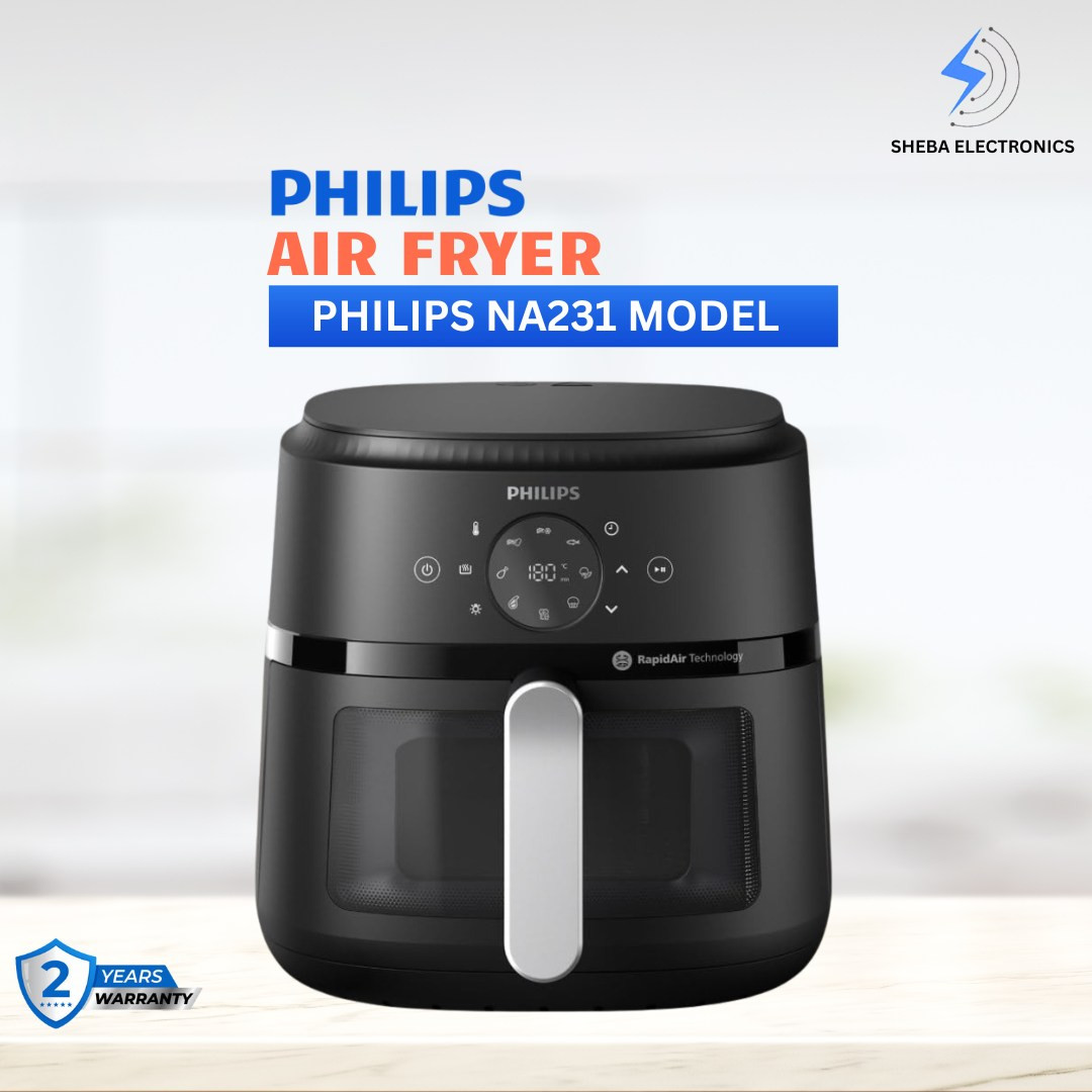 PHILIPS Air Fryer NA231/00 with touch panel, uses up to 90% less fat, 1700W, 6.2 Liter XL Size , with Rapid Air Technology (Black),Cooking window.