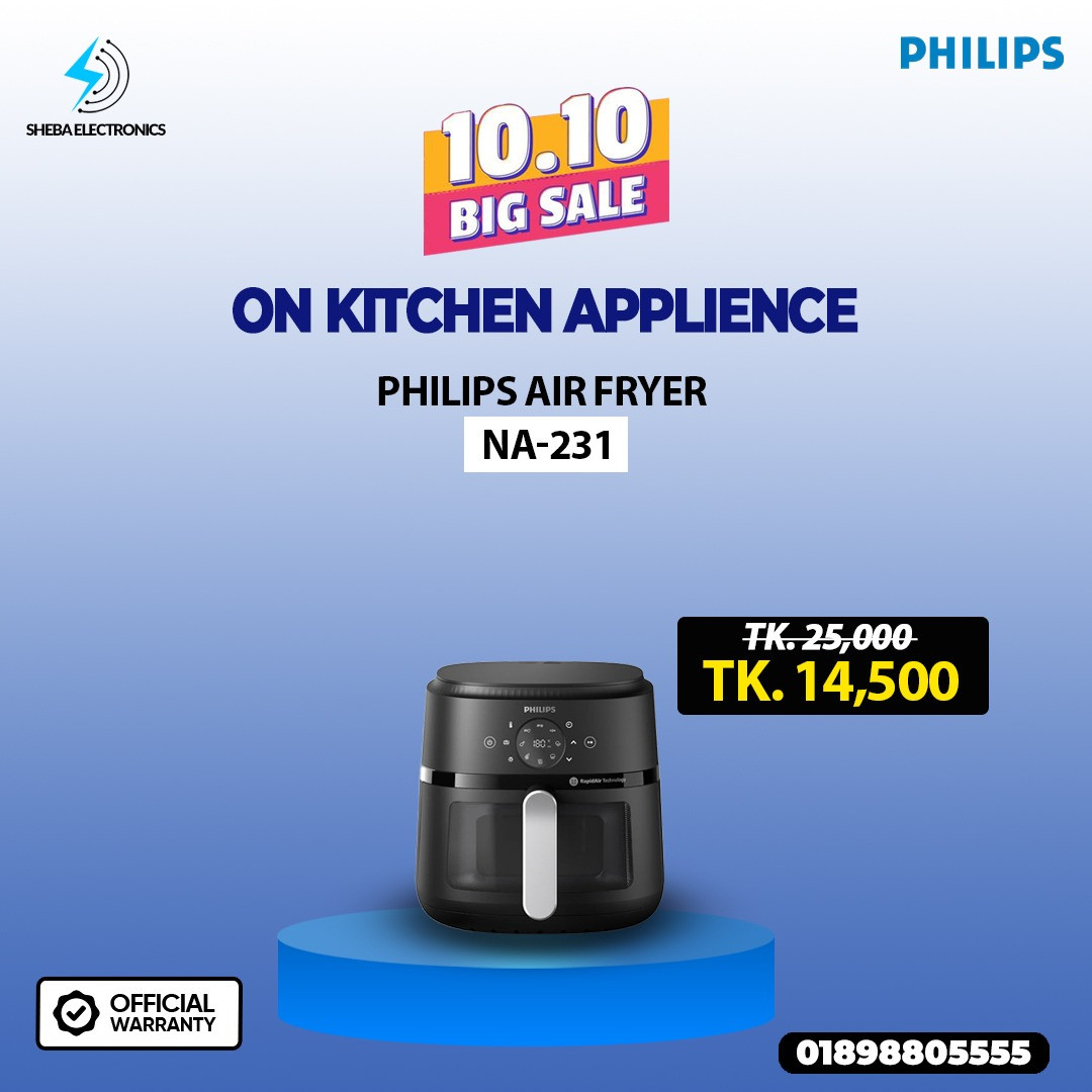 PHILIPS Air Fryer NA231/00 with touch panel, uses up to 90% less fat, 1700W, 6.2 Liter XL Size , with Rapid Air Technology (Black),Cooking window.