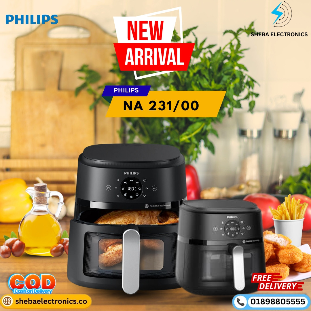 PHILIPS Air Fryer NA231/00 with touch panel, uses up to 90% less fat, 1700W, 6.2 Liter XL Size , with Rapid Air Technology (Black),Cooking window.